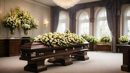 A coffin with flowers