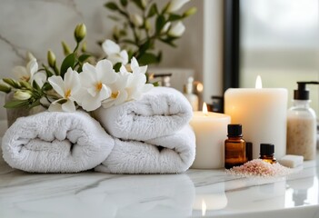 Spa background towel bathroom white luxury concept massage candle bath. Relax aromatherapy flower accessory zen therapy aroma beauty setting table salt oil