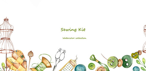Seamless Banner - Theme Sewing, Handicrafts, Embroidery. Threads, Needles, Beads, Clothes Tags, Sewing Machine, Buttons, Scissors. Watercolor illustration. For Website, Blogs, Packaging, Home Textiles