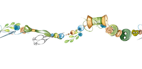 Seamless Banner - Theme Sewing, Handicrafts, Embroidery. Threads, Needles, Beads, Clothes Tags, Sewing Machine, Buttons, Scissors. Watercolor illustration. For Website, Blogs, Packaging, Home Textiles