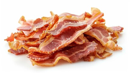 Obraz premium Perfectly fried dry bacon snacks, emphasizing vibrant color, delicious thin pieces, high clarity, and quality, ready to eat