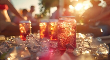 A refreshing summer scene featuring cold drinks in cans surrounded by ice, with sunlight sparkling through the beverages, capturing the essence of a lively outdoor gathering