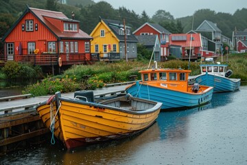 Obraz premium A quiet fishing village with colorful boats docked at a pier, and quaint houses in the background.