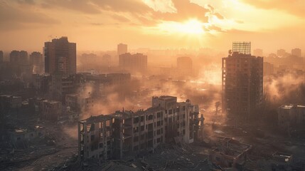 Fototapeta premium Ruined cityscape under the last daylight, shrouded in misty clouds, with darkness gradually spreading, highlighting the end of an era