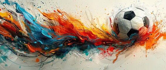 Soccer ball in the air, surrounded by colorful swirling lines and shapes. The background is white with bold brush strokes. There's an abstract design of geometric patterns around it
