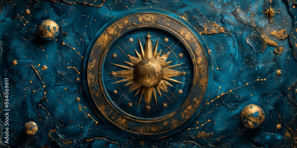 Canvas Prints golden compass and celestial map on a dark blue background with constellations, symbolizing explorat