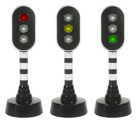 Traffic lights isolated on whte background. Black white model toy with all three lights switched...