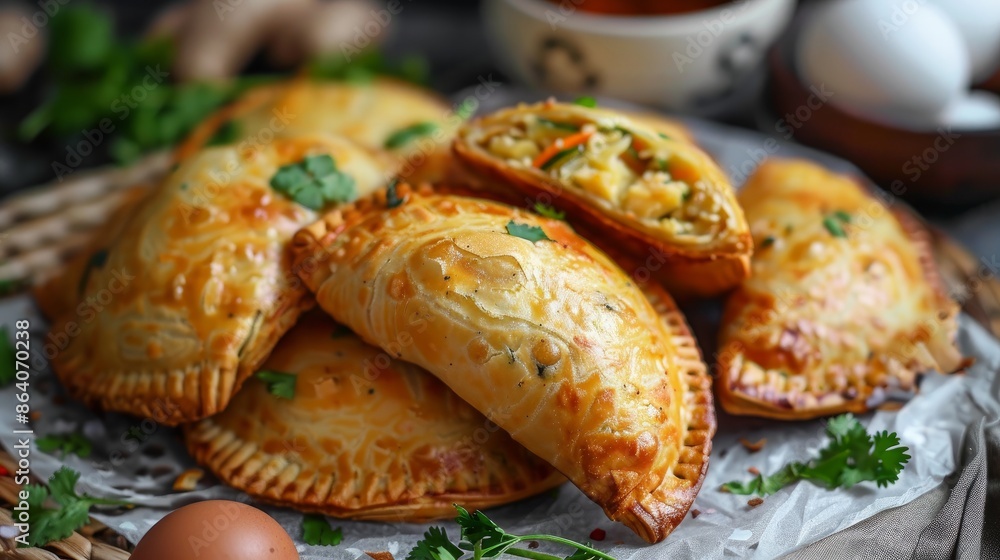 Wall mural Indonesian potato patties filled with sautÃ©ed vegetables, chicken, and egg. The pastry is made from leftover sourdough starter.