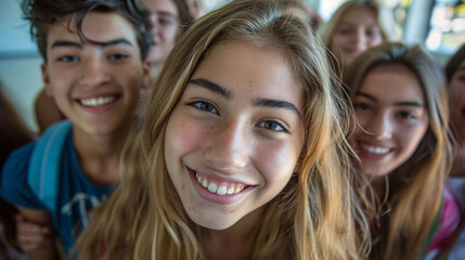 Fototapeta premium Smiling high school students taking a group photo indoors
