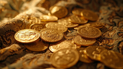 Various gold coins are laying all over table