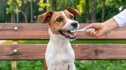 A golden retriever dog is having its teeth brushed by a human hand while sitting outdoors on a sunny day