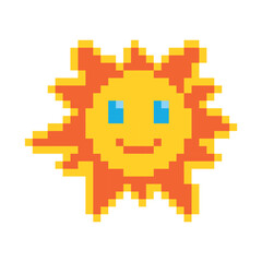 Fototapeta premium Smiling sun. Pixel art, vector illustration. Isolated on white background. 