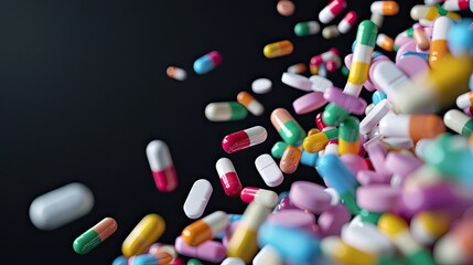 An assortment of colorful pills and capsules scattered on a black background