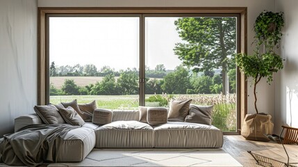 A luxury apartment featuring a sophisticated wall mockup with built-in shelving, filled with fine books and art, next to a window showing a bustling urban street. 