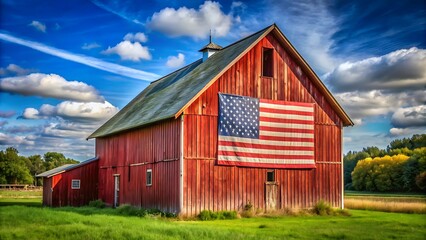 A classic red barn with a weathered American flag hanging proudly from the side