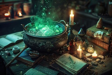 A witch's cauldron filled with a bubbling green potion, surrounded by spellbooks, candles, and various magical ingredients in a dark, cluttered room
