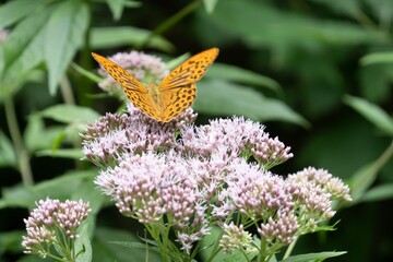 Silver washed fritillary (Argynnis paphia) orange butterfly at hemp agrimony (eupatorium cannabinum) © mino21