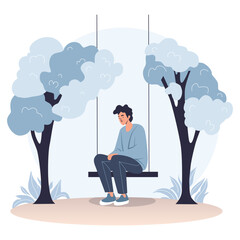 Depressed lonely man in sadness and despair. Vector colorful cartoon illustration