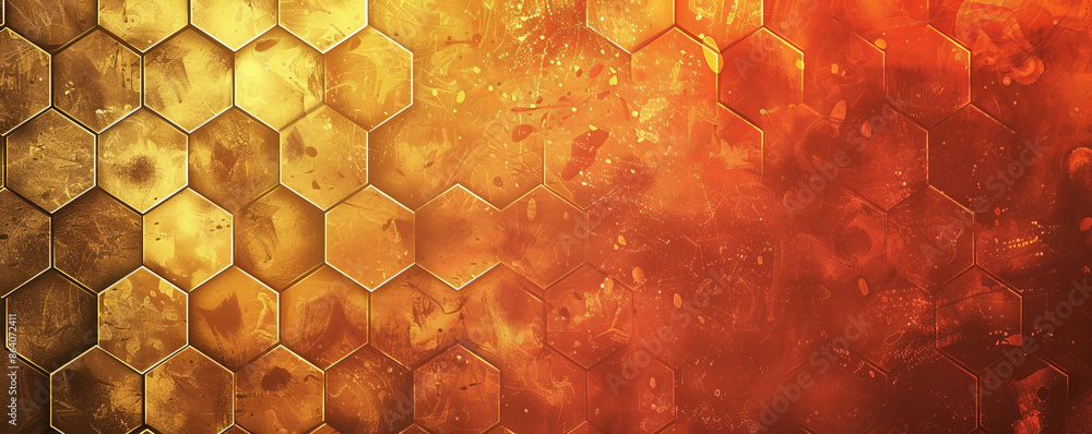 Poster abstract hexagon geometry background with a gradient of red, orange, and yellow. the hexagons have a