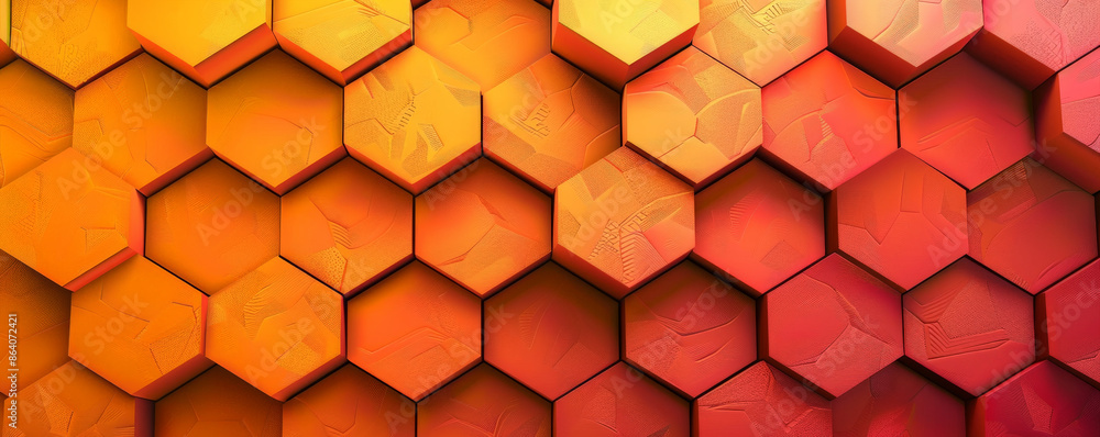 Poster abstract hexagon geometry background with a gradient of red, orange, and yellow. the hexagons have a