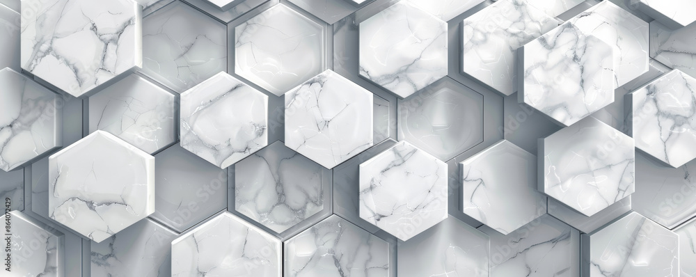 Poster abstract hexagon geometry background with a marble texture. the hexagons are in shades of white and 