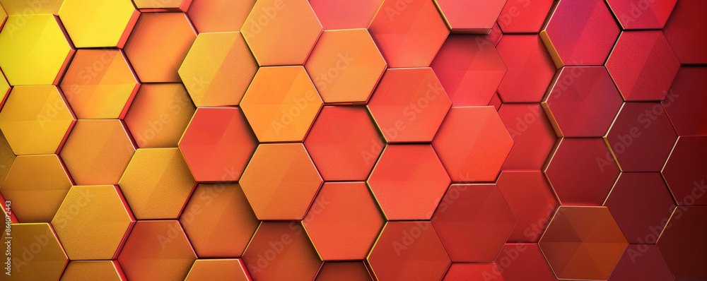 Poster abstract hexagon geometry background with a gradient of red, orange, and yellow. the hexagons have a