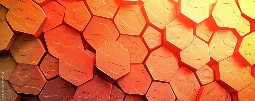 Poster abstract hexagon geometry background with a gradient of red, orange, and yellow. the hexagons have a