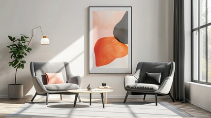 modern room interior with bright  chair and cough with painting in wall modern design 