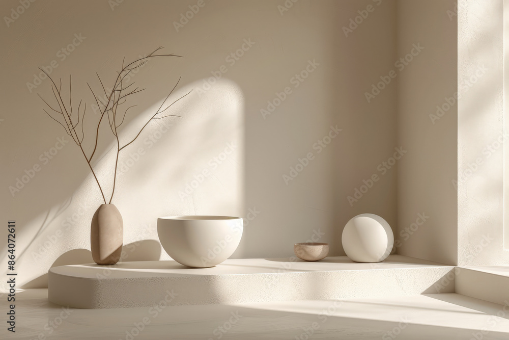 Poster an abstract background in a 3d render with a minimal style, featuring clean lines and neutral hues. 