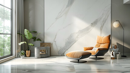 Fototapeta premium A sleek modern chair sits poised against a luxurious dark marble wall, exuding sophistication and style