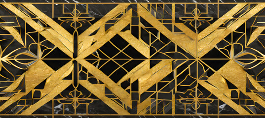 Design a digital texture featuring geometric gold patterns on a black marble tile background. Generative AI.