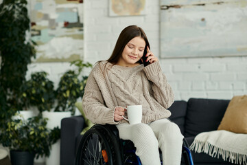 A young woman in a wheelchair sits at home in a comfortable living room, holding a mug and talking on her phone.