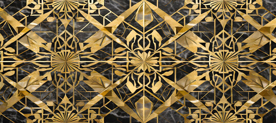 Design a digital texture featuring geometric gold patterns on a black marble tile background. Generative AI.
