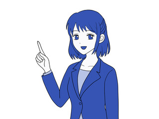 上を指差すスーツ姿の女性（青）