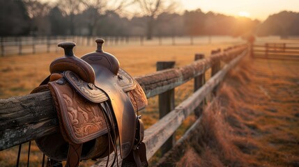 Leather saddle on a fence in a rural setting at sunset