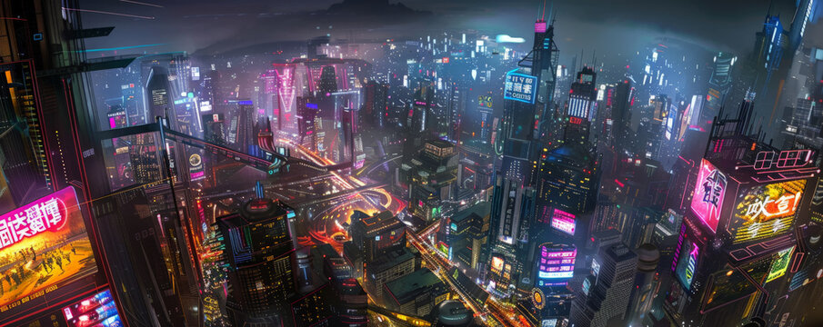 Futuristic landscape showcasing a dense urban area with towering skyscrapers and intricate sky bridges. The city is illuminated by holographic advertisements and neon lights, creating a vibrant and
