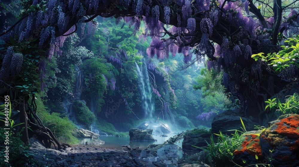 Poster a breathtaking view of a magical forest with towering ancient trees covered in moss and a majestic w