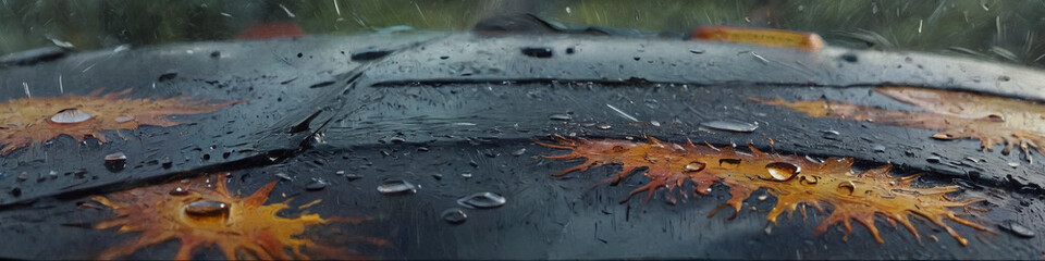 A close-up of raindrops on a car windshield during a storm, rendered in thick oil layers to capture the dramatic and intense scene, Generative AI