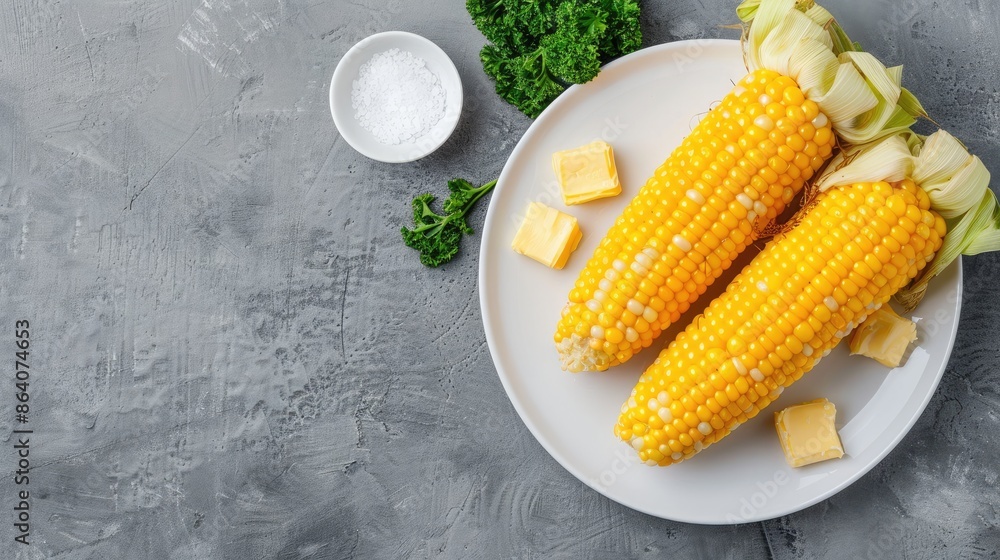 Wall mural Close-up shot of three ears of corn on the cob, buttered and served on a white plate with parsley.