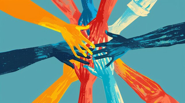 Flat design of diverse hands coming together in unity, symbolizing community and equality