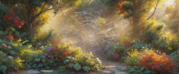 Obraz premium A vibrant scene of a garden with spider webs glistening in the sunlight, painted in thick oil layers to emphasize the radiant colors and delicate strands, Generative AI