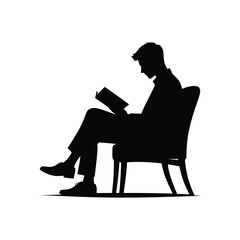 Elegant Silhouette of Man Reading Book - Black and White Vector Illustration for Education, Literature, and Relaxation Concepts
