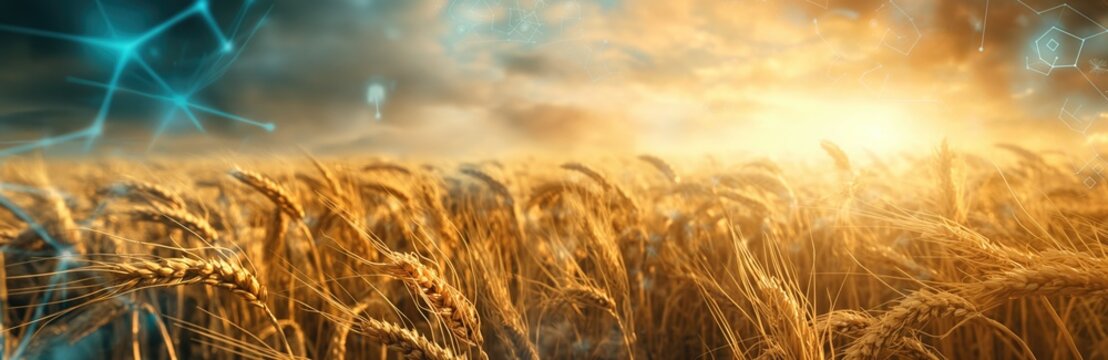 Golden wheat field at sunset with digital network overlay. Advanced agricultural technology, smart farming concepts, precision agriculture, rural landscape background. - Powered by Adobe