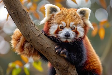 Obraz premium A red panda perched on a tree branch, its fluffy tail curled around its body and its curious eyes looking directly at the camera. 