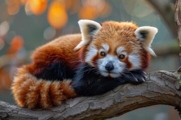 Naklejka premium A red panda perched on a tree branch, its fluffy tail curled around its body and its curious eyes looking directly at the camera. 