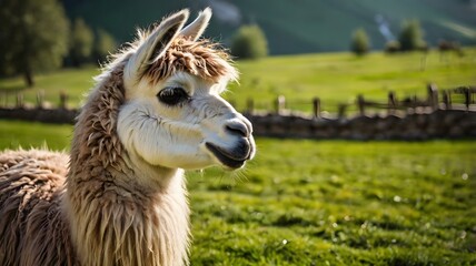 Obraz premium Close up wildlife animal llama on the green field