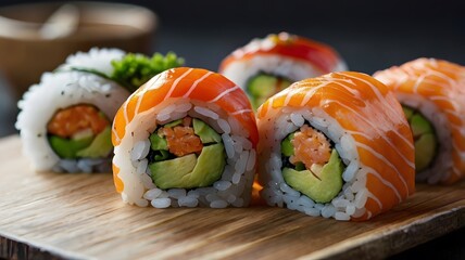 Close up healthy food japanese sushi above the cutting mat