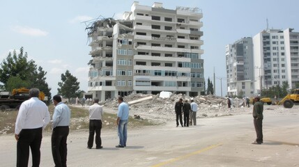 Obraz premium A collapsed apartment building lies in ruins after a recent earthquake, highlighting the devastation caused by natural disasters