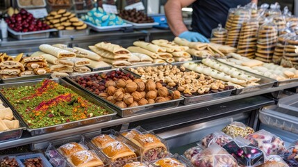 A baker carefully arranges freshly baked pastries on a display in an open-air market