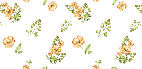 Seamless Pattern Orange Flowers on a White Background. Roses. Watercolor illustration. For Wallpaper, Wrapping Paper, Postcards, Websites, Blogs, Textiles
